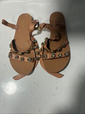 Report Signature Tan Leather Sandals with Gold Crystal Accents
